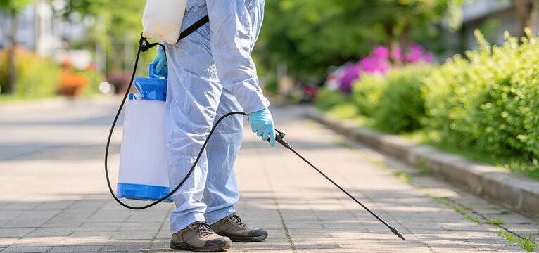 Mosquito repellent being sprayed outdoors by a professional to reduce insect-borne health risks in an urban setting.