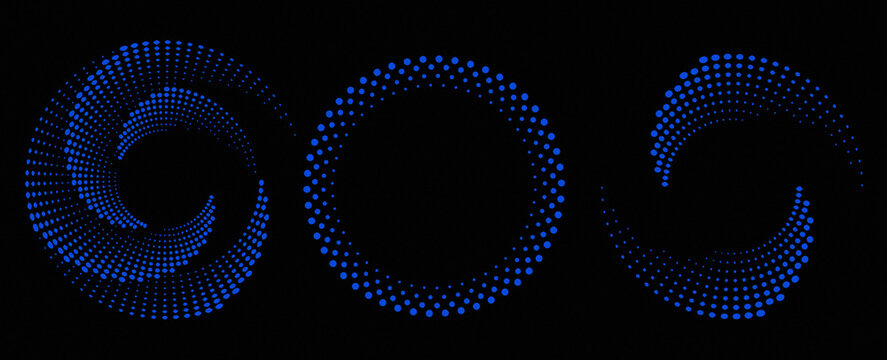 Blue Halftone Circular Spiral Dots Pattern Set Isolated on Black Background