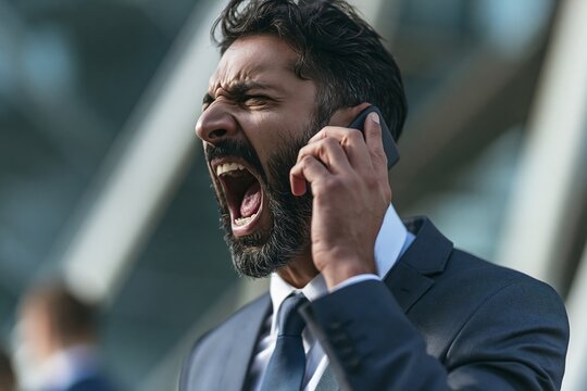 Furious businessman screaming while talking on mobile phone outdoors near modern corporate building