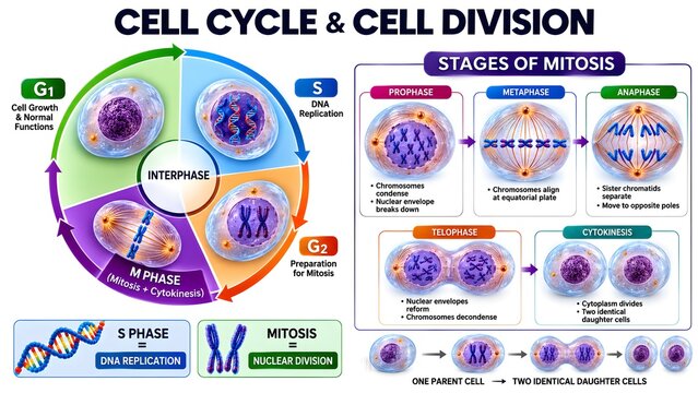 Cell Cycle and Cell Division Mitosis Stages Biology Educational Infographic