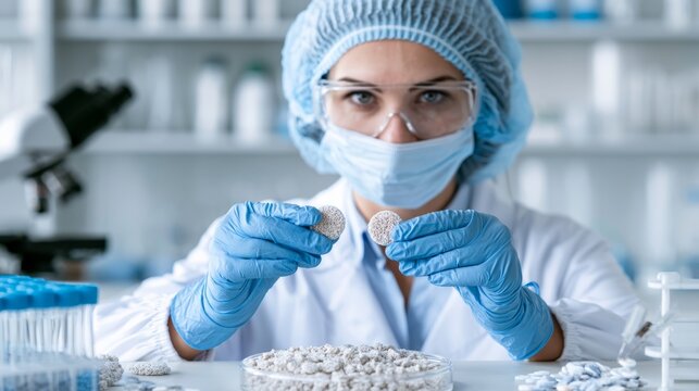Consumer Product Safety, Trusted Commerce, Technician Comparing Two Samples of Plain Material in Laboratory Setting with Equipment and Tools in Background