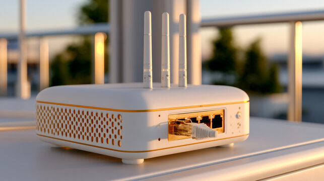 White wireless router with three antennas, ethernet ports, and gold accents on outdoor table, modern technology, evening light, 3d rendering