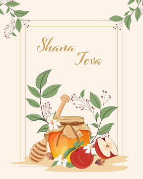 Shana Tova Rosh Hashanah Greeting Poster with Honey Jar, Apples, Pomegranate, Flowers and Botanical Frame. Editable Vector Illustration. 