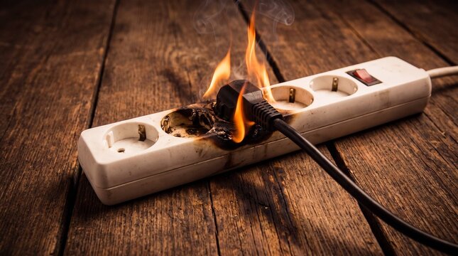 Overloaded power strip on fire with flames rising from burnt plug on wooden floor