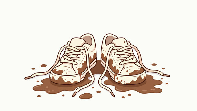 Cartoon dirty white sneakers covered in brown mud splashes with untied laces