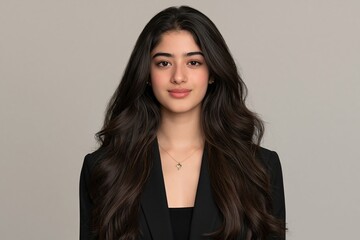 Fototapeta premium Young brunette woman wearing black blazer looking forward against solid light background
