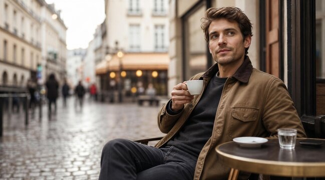 Thoughtful Man Drinking Coffee at Parisian Street Cafe