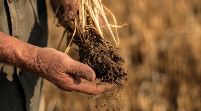 Farmer Holding Crop Roots with Soil in Field