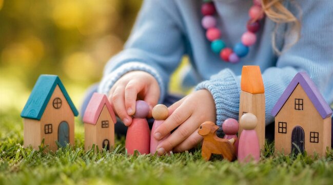 Child Playing with Colorful Wooden Toy Houses and Figures