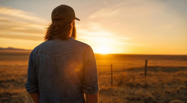 Man in Denim Shirt Watching Sunset Over Open Prairie