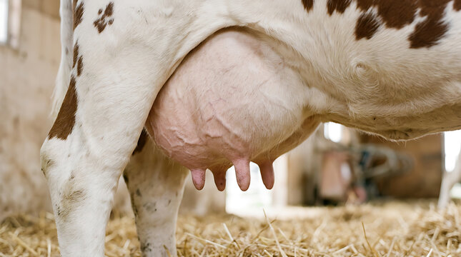 Close-up view of a cow udder on straw bedding in a rustic farm barn interior