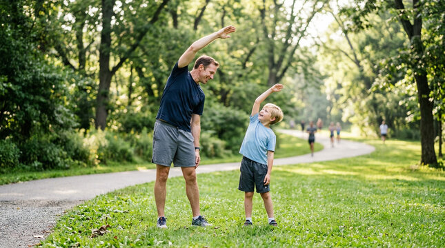 Father and son stretching together in a sunny park