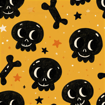 Fun monster skull seamless pattern with bold black skulls and bones on orange background with stars and dots