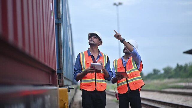 Portrait engineer under inspection and checking construction process railway switch and checking work on railroad station .Engineer wearing safety uniform and safety helmet in work.	