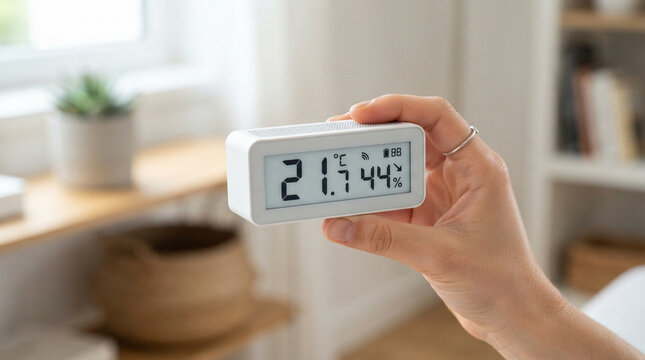 Hand Holding Digital Thermometer and Hygrometer Indoors