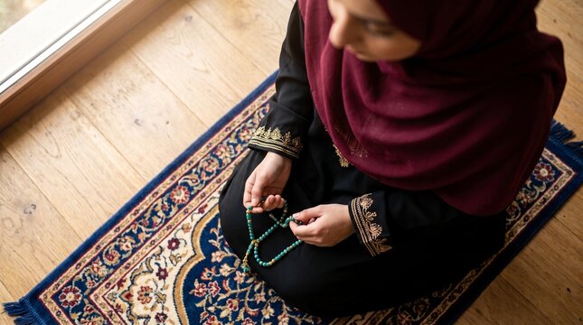 Muslim woman in hijab kneeling on prayer rug holding turquoise prayer beads in bright sunlight