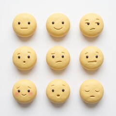 Naklejka premium A Spectrum of Emotion: Nine macarons, each artfully decorated to represent a different facial expression, are arranged in a grid, showcasing a range of human emotions.