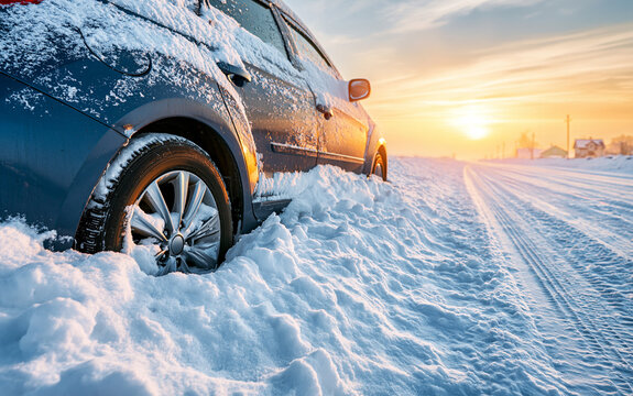 Car stuck in deep snow bank on roadside during winter sunset