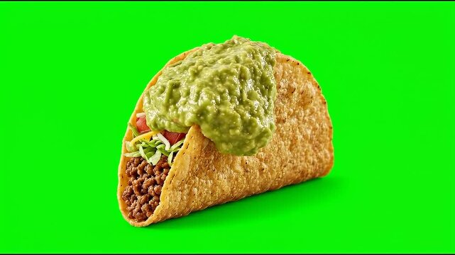 Fresh taco with ground beef and melting guacamole on green screen
