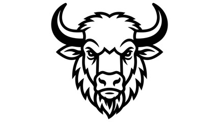Fototapeta premium Black and white illustration of a fierce bison or buffalo head facing forward, with prominent horns and shaggy fur details.