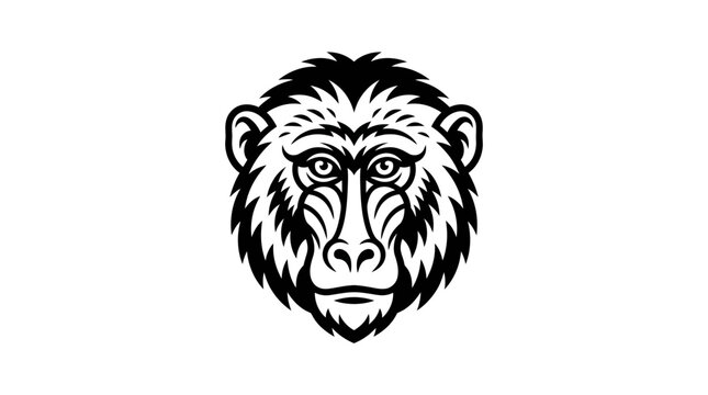 Black and white illustration of a baboon's head, facing forward, with detailed facial features and stylized fur texture.