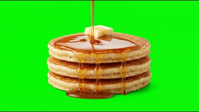 Maple syrup pouring onto delicious stack of pancakes with butter on