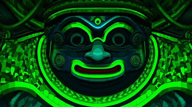 Glowing green neon Kathakali traditional mask futuristic cyber graphic design close up macro background cultural artwork