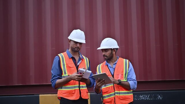 Portrait engineer under inspection and checking construction process railway switch and checking work on railroad station .Engineer wearing safety uniform and safety helmet in work.	