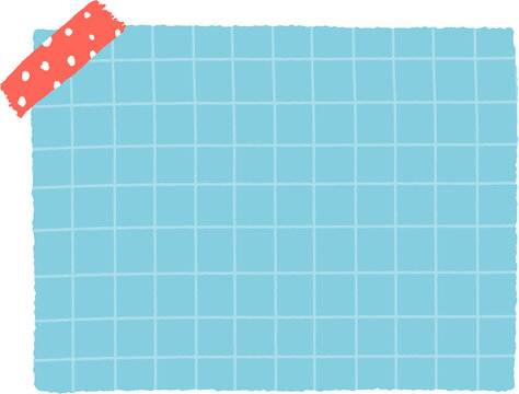 Cute light blue grid note paper with red polka dot washi tape vector illustration, blank memo pad isolated on transparent background