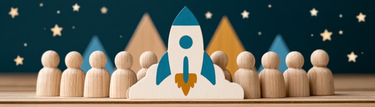 Wooden Rocket Launch Figurines Preparation with Safety Margin for Startup Pre-Launch Event Surrounded by Enthusiastic Community in a Starry Environment