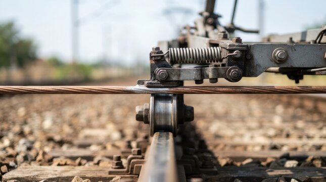 Macro closeup of railway steel wheels, flange, pantograph spring, and copper overhead contact wire with metallic rail engineering details.