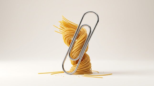 A large metallic paperclip standing upright, piercing through a coiled pile of raw yellow spaghetti pasta on a plain light background