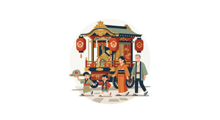 Fototapeta premium Japanese family in kimono at a festival parade