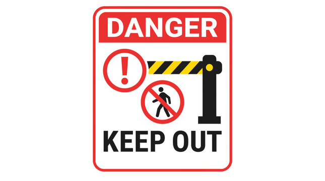 Danger keep out vector warning sign illustration featuring red and white bold colors with prohibited pedestrian icon and black yellow striped barrier gate for site security and public safety control