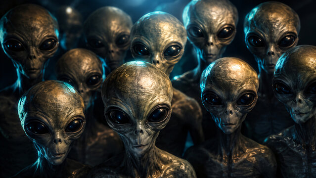 Cinematic group of mysterious extraterrestrial beings with large black eyes gathered together in a dark futuristic environment