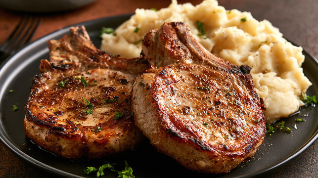 Juicy pork chop with creamy mashed potato on dark plate for dinner meal
