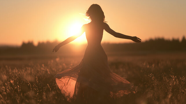 Woman silhouette dance in sunset field meadow nature summer background care