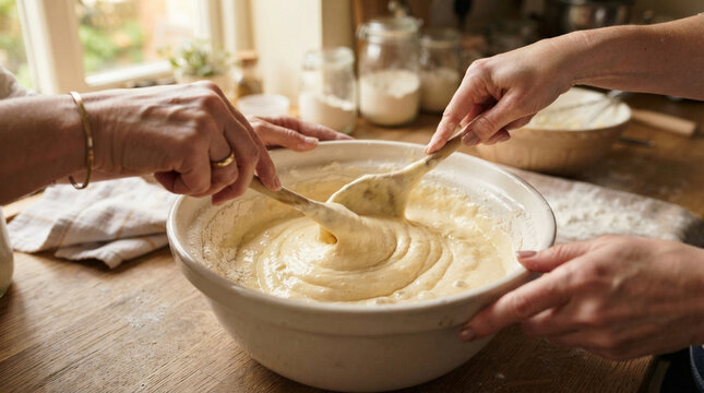 Close up of hands stirring cake batter in a bowl