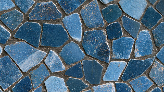Blue stone mosaic pavement texture with irregular tile shapes and grout