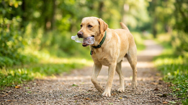 Yellow Labrador Retriever carrying a plastic bottle on a park trail