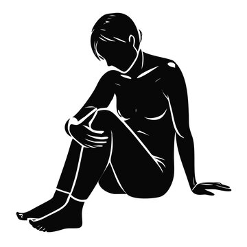 The concept of introspection: female silhouette sitting with knees drawn to chest on white for mental health blogs, therapy websites, self-care guides, and emotional awareness