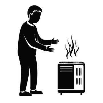 Black Silhouette Icon of Person Warming Hands near Heater, for Home Heating Solutions, Winter Warmth Concept, Energy Saving Tips, Cold Weather Comfort, and Staying Warm Indoors