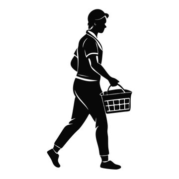 Person Walking Carrying Shopping Basket Silhouette for Grocery Run Websites, Retail Customer Experience, Daily Errands, Local Market Shopping, Consumer Goods, and Essential Supply Services