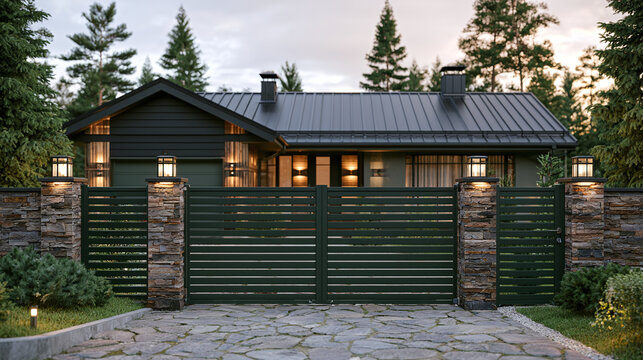 Modern house with dark metal roof, stone pillars, and green front gate
