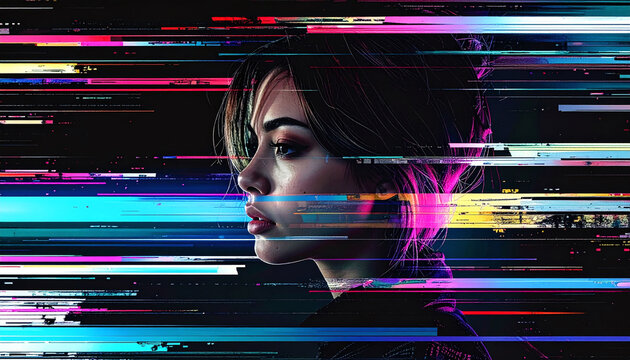 A striking digital portrait features a woman&rsquo;s silhouette amidst vibrant, horizontal light streaks. This glitchart composition evokes feelings of futuristic disconnection and cybernetic mystery.