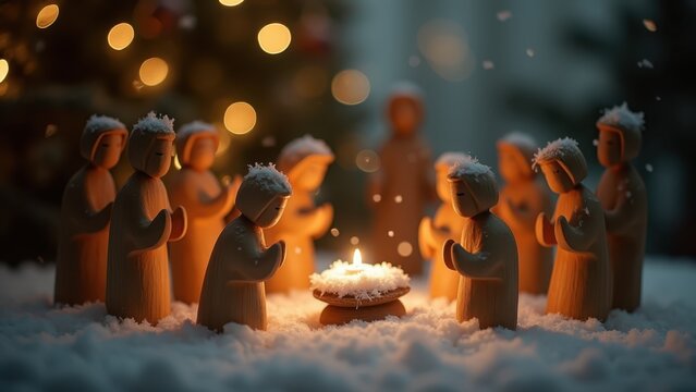 Wooden nativity scene figurines under falling snow, soft warm lantern light, gentle camera pan, cozy Christmas Eve mood, cinematic depth of field.