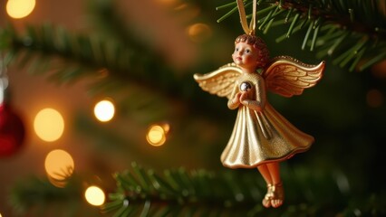 Naklejka premium Golden angel figurine ornament spinning slowly on Christmas tree branch, twinkling lights blurred behind, macro cinematic shot.