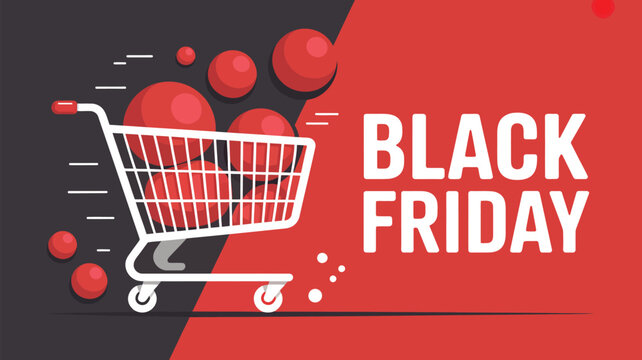 Shopping cart with bouncing red spheres moving fast on a vibrant black Friday promotional background
