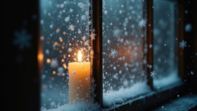 Snowflakes falling on frosted church window with candle glow inside, soft blur, warm and cold contrast, slow cinematic close-up.