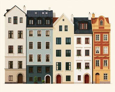 Row of colorful European style townhouses with varied rooflines windows and arched doorways in a clean front facing composition Theme of residential architecture